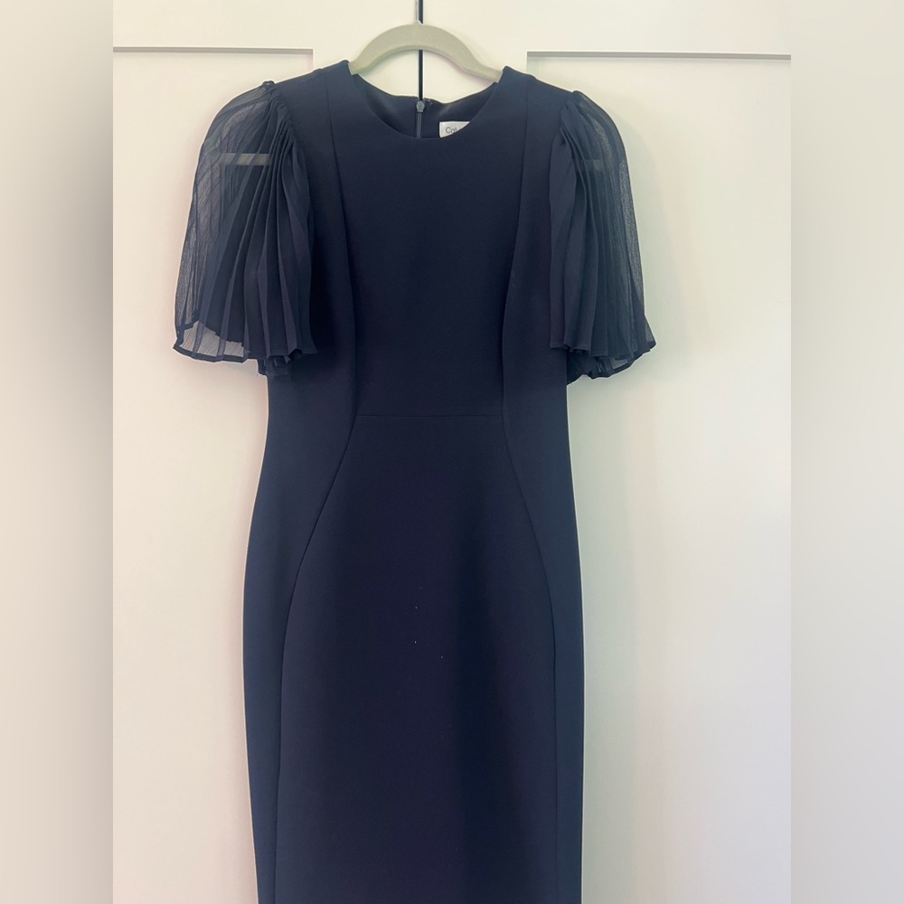 Calvin Klein Navy Dress with Sheer Pleated Sleeves